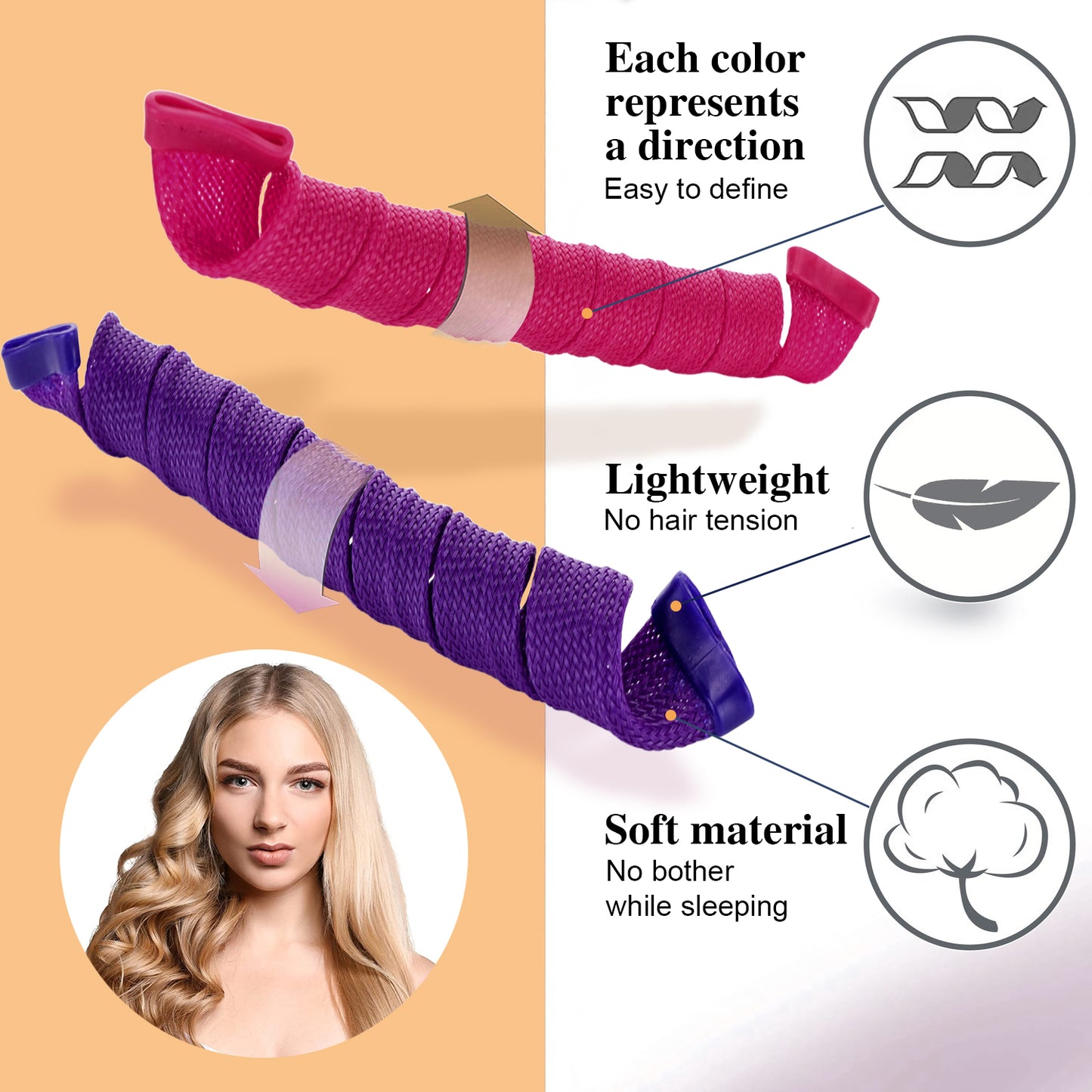 40pcs Heatless Spiral Hair Rollers with Styling Hooks 22inch/55cm