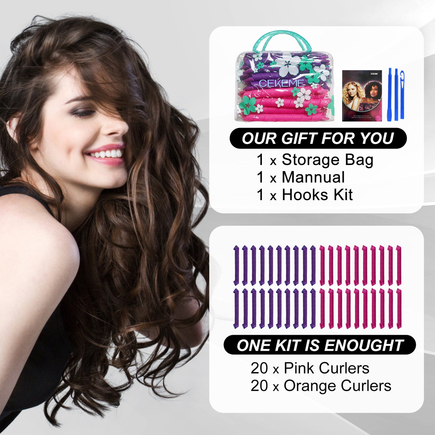 40pcs Heatless Spiral Hair Rollers with Styling Hooks 22inch/55cm
